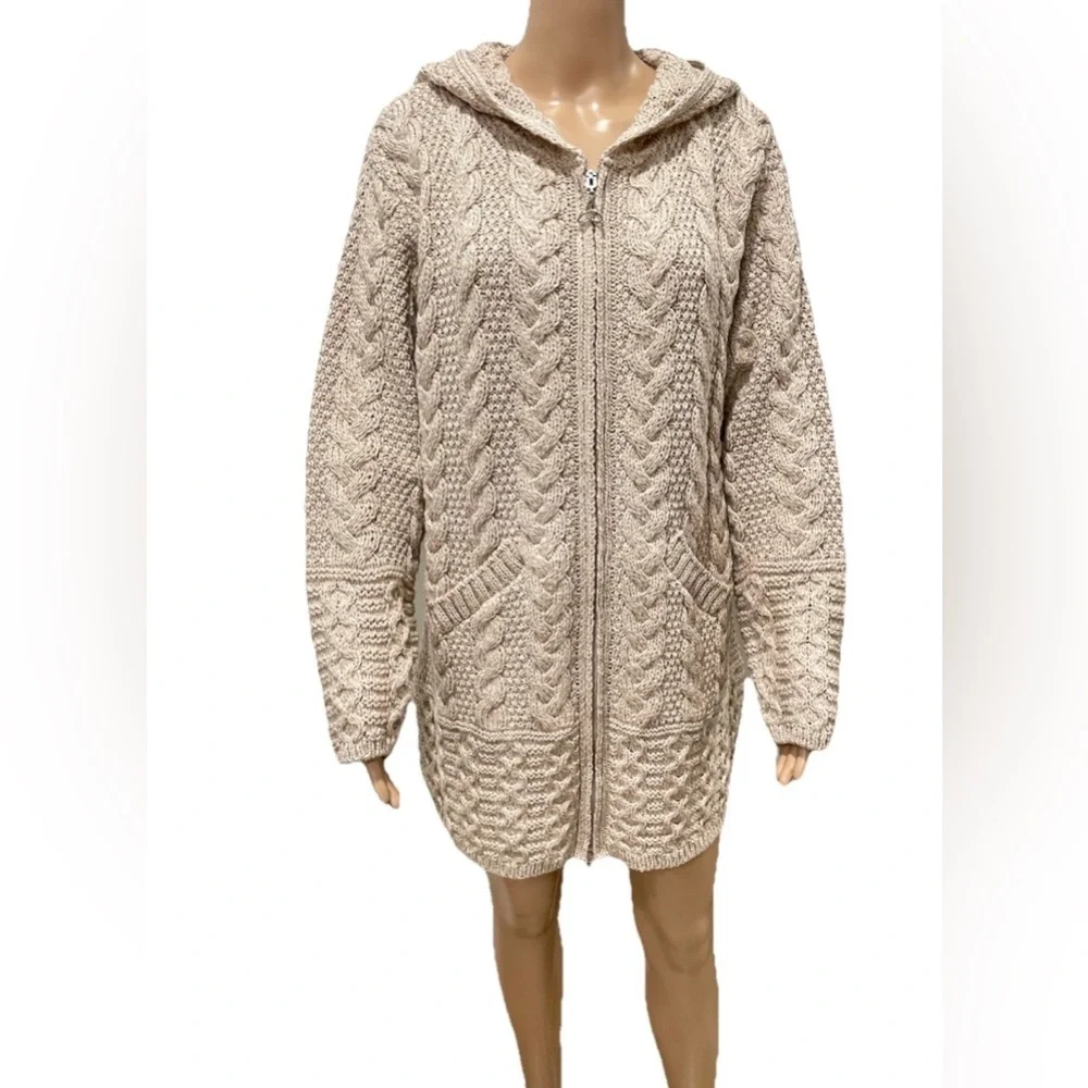 ARAN Ireland 100% Merino Wool Full Zip Sweater Coat Oatmeal L Chunky‎ Fisherman - Picture 3 of 10